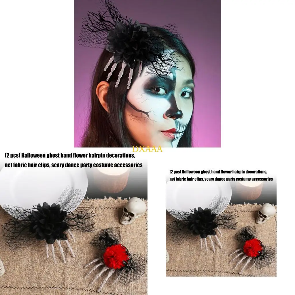 DXAA 2Pc Skulled Hand Hairpin Floral Hair Clip Halloween Costume Accessory Easy Wear