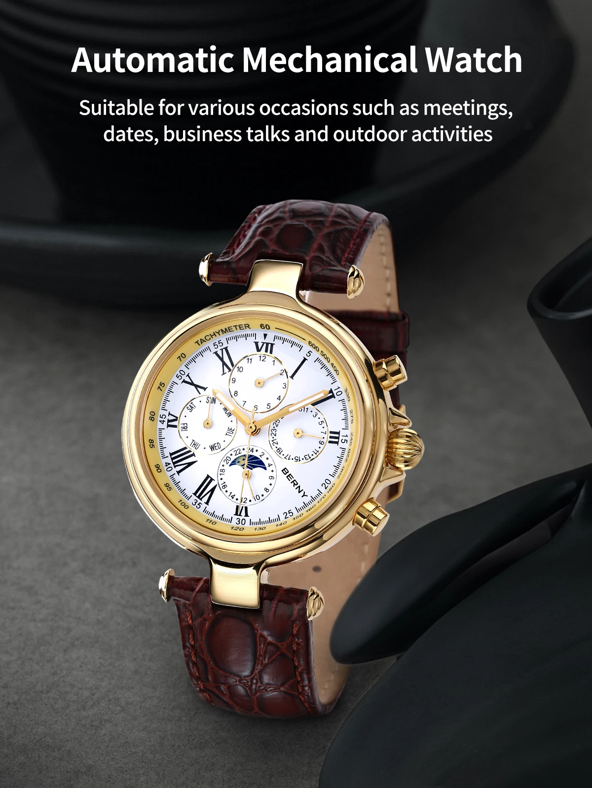BERNY Retro Automatic Men's Watch Sun&Moon Phase Luminous ST1652 Classic Genuine Leather Luxury Mechanical Men's Dress Watches