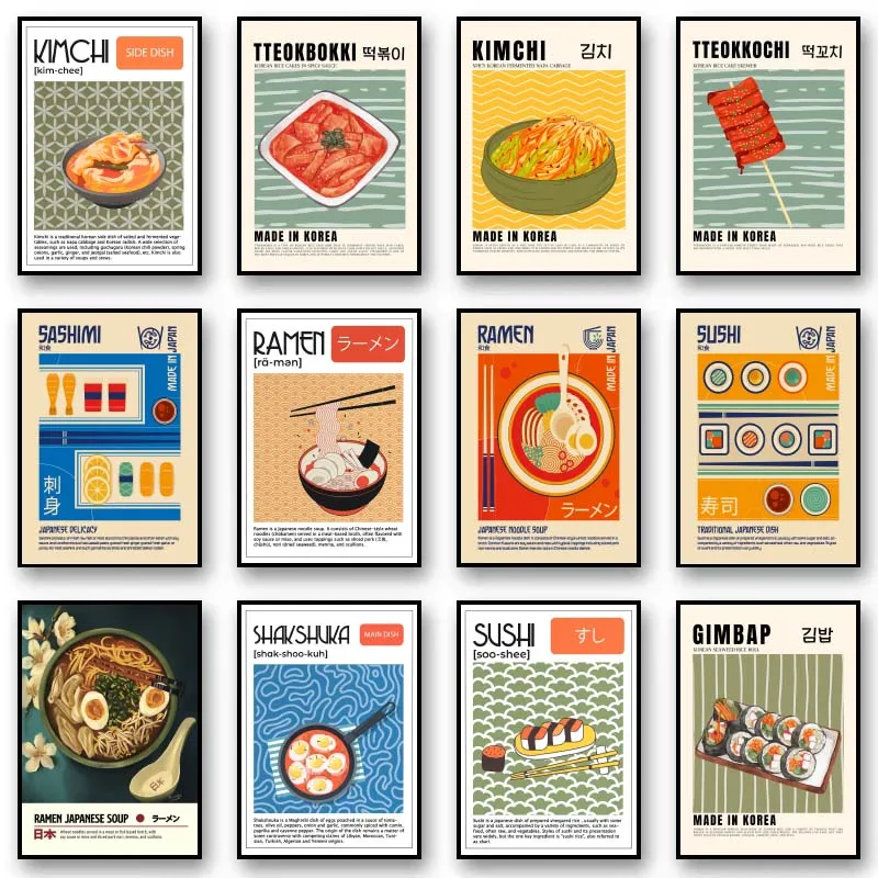 Asian Food Canvas Painting Poster Japanese Ramen Korea Kimchi Cuisine Print Wall Poster Picture for Home Wall Decor