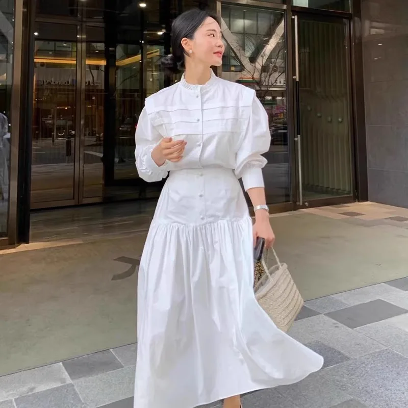 Neploe Elegant Stand Collar Pleated Long Sleeve Shirts Women+ Y2k High Waist Loose Skirts 2024 Spring New Two Piece Sets