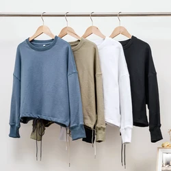 100% Cotton Women's Drawstring Sweatshirt Autumn New Casual Solid Long Sleeved Korean Fashion Streetwear Female Pullover