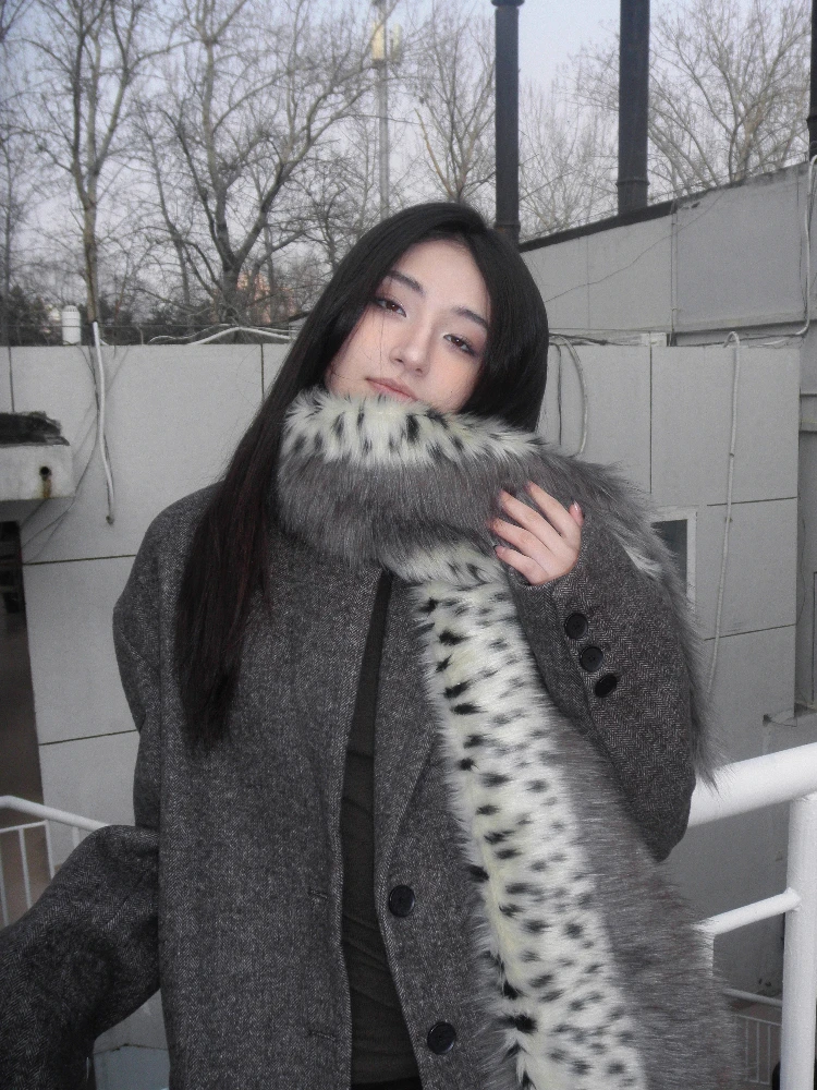 Women Leopard Print Faux Fur Patchwork Scarf Gray-Brown Fluffy Muffler Winter Warm Chic Fur Collar Scarf Luxury Fur Neck Warmer