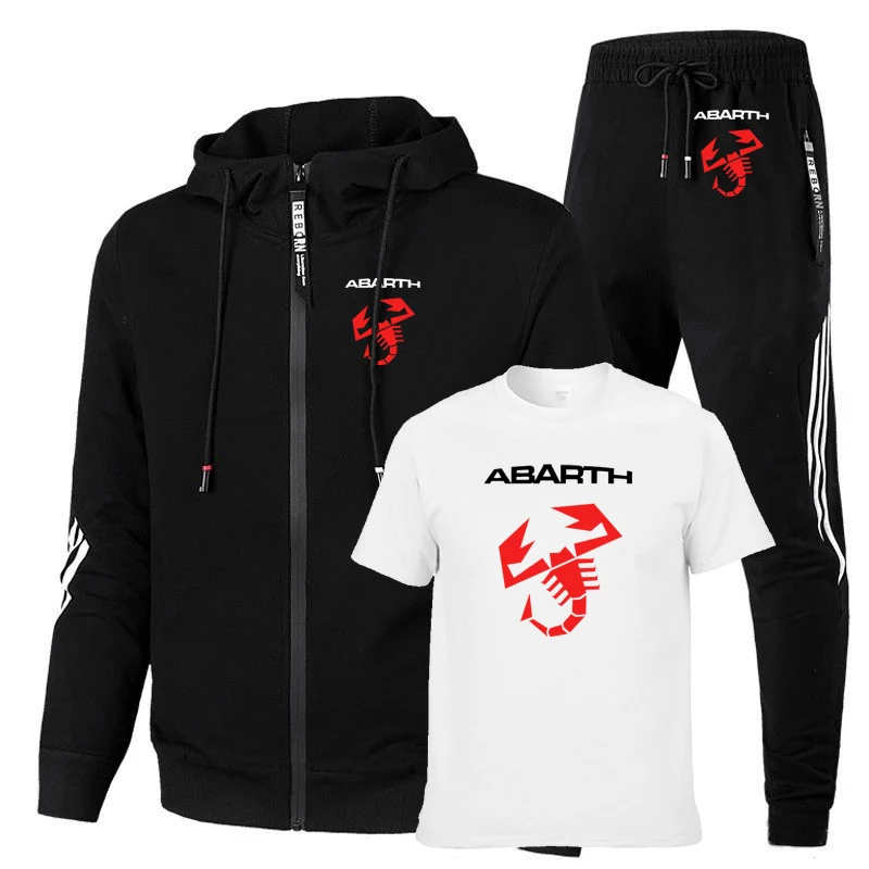 Men's suits Abarth car logo Printed casual trend Fashion Solid color stripe cotton Men's sweatshirt+T-shirt+sports pants 3-piec