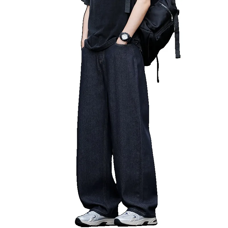 Loose American Retro Blue Jeans High Waist Wide Leg Denim Pants Half Elastic Waistband Casual Vintage Style Jeans
