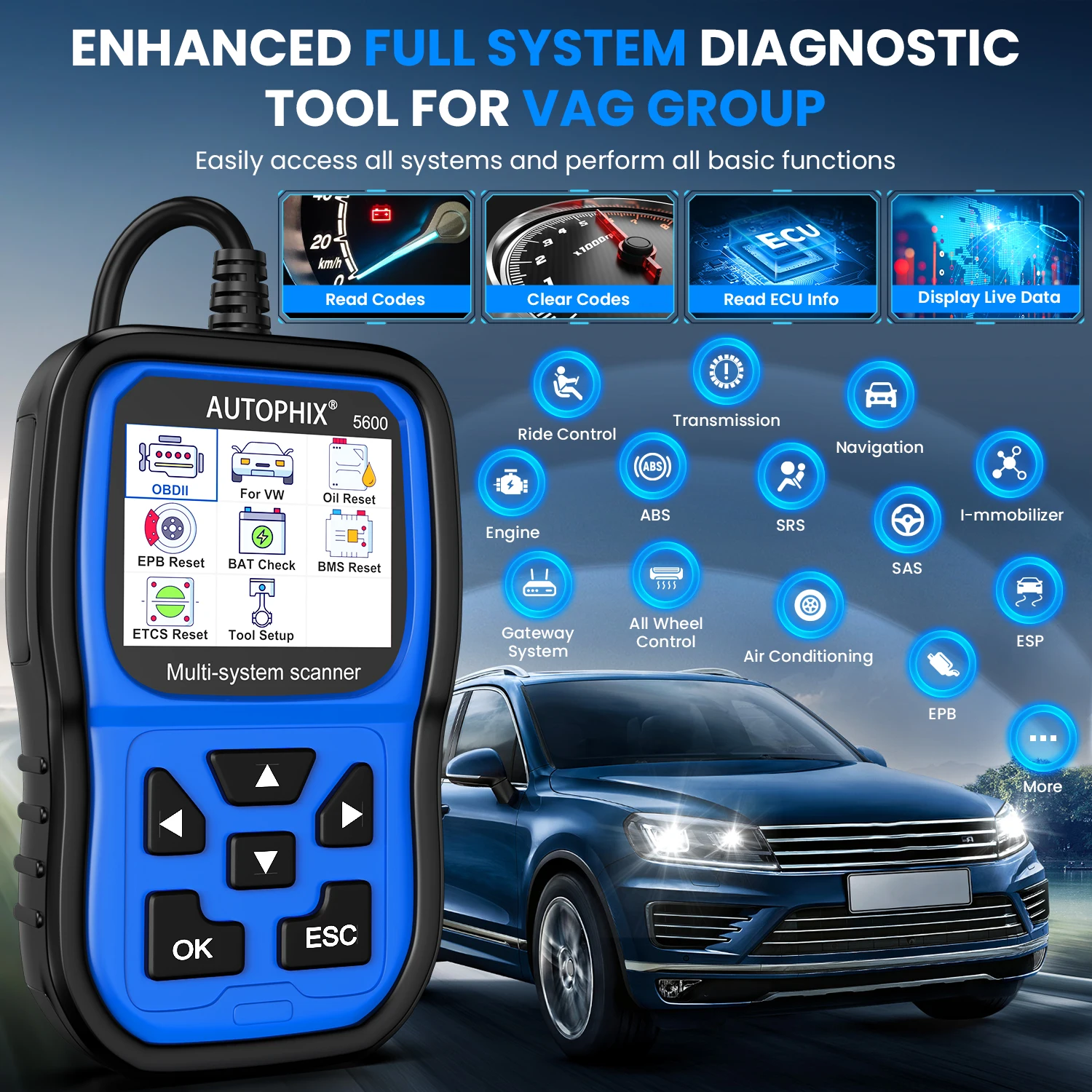 AUTOPHIX 5600 OBD2 Automotive Scanner for Audi TPMS Engine ABS EPB Battery Registration All System Car Diagnostic Tool for VW