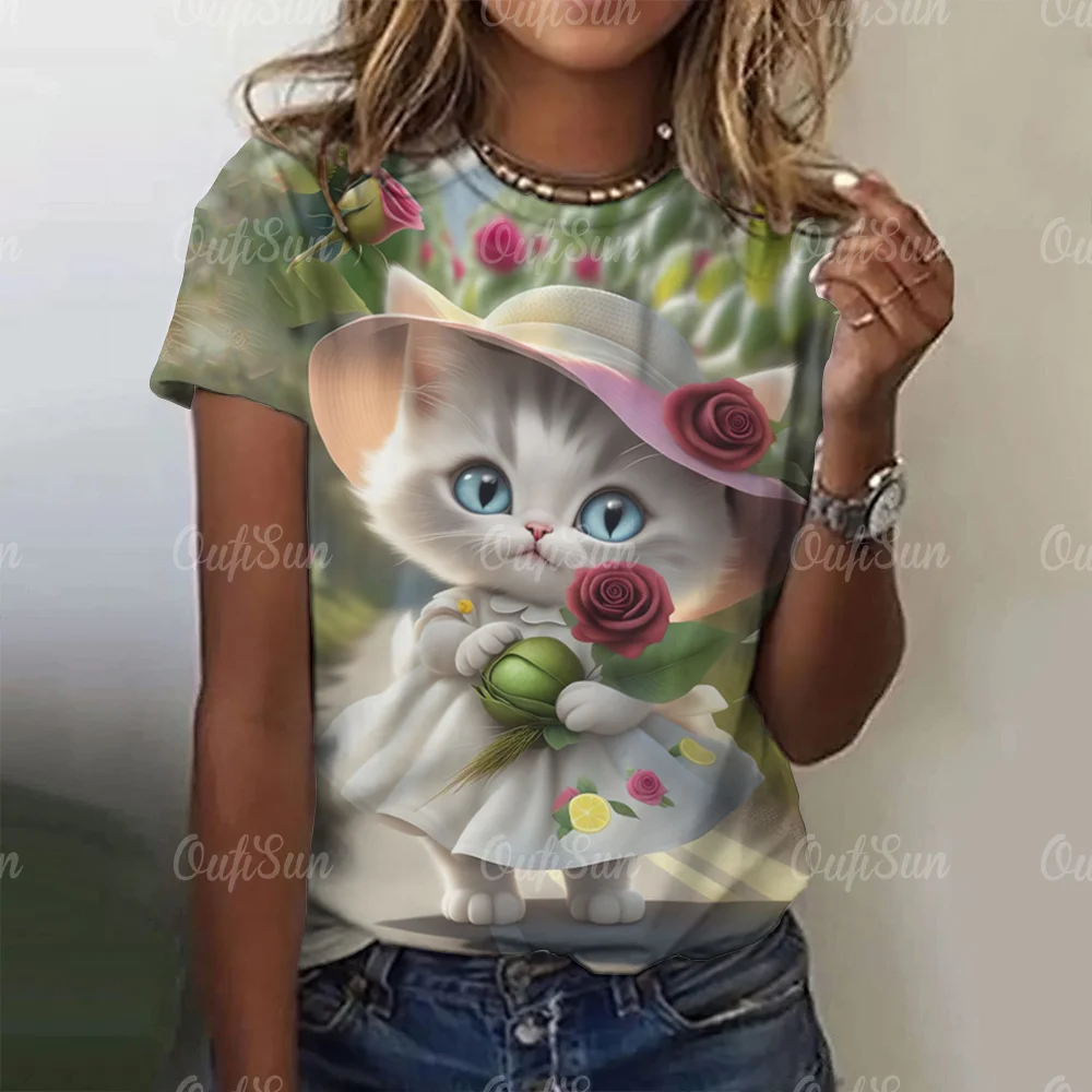 

2024 New Style T-shirt For Women Cute Cat Graphic Print Female Tees Oversized T-Shirt Summer Women Clothing Short Sleeve Fashion