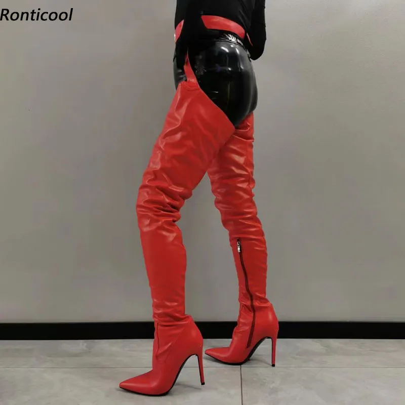 

Ronticool индивидуальные женские зимние сапоги до бедра на шпильке с острым носком, красные брюки для косплея, женская обувь американского размера 5-15