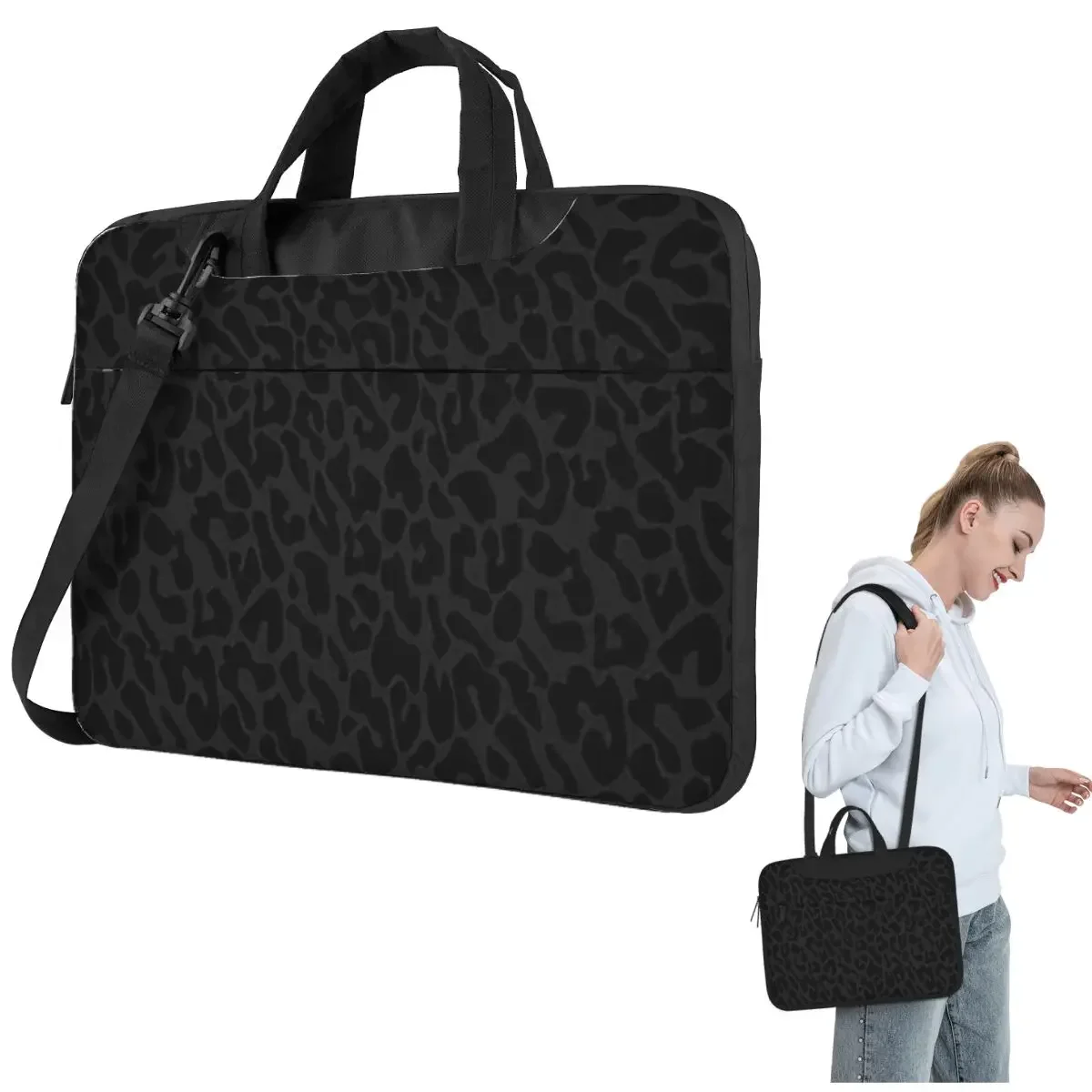 Black Leopard Print Crossbody Laptop Bag Case Computer Bag 13 14 15.6 Inch Notebook Pouch for Lenovo