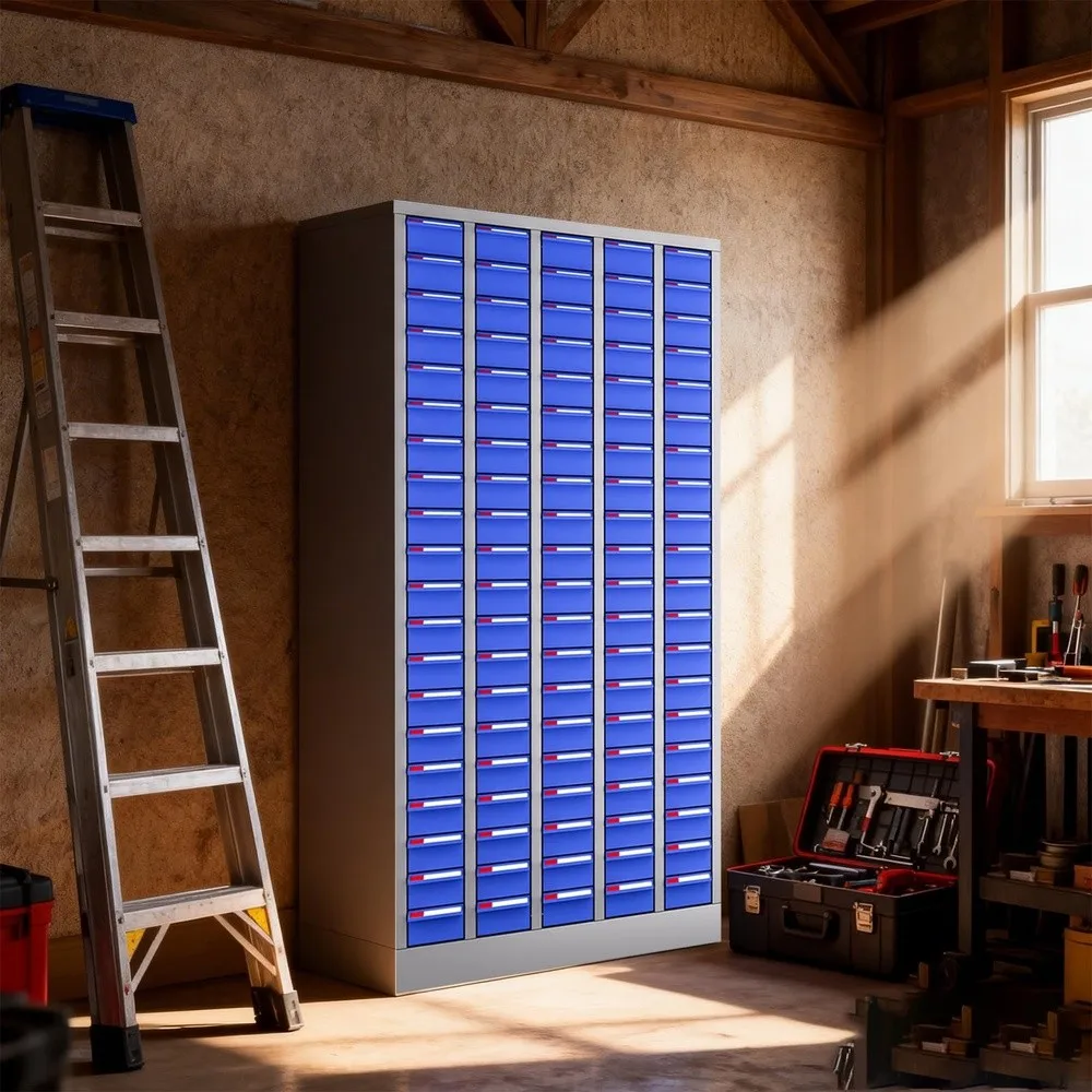 Parts Cabinet 100 Drawers Steel Hardware Organizer with Adjustable Dividers and Labels Wall Mount Tool Storage Cabinet