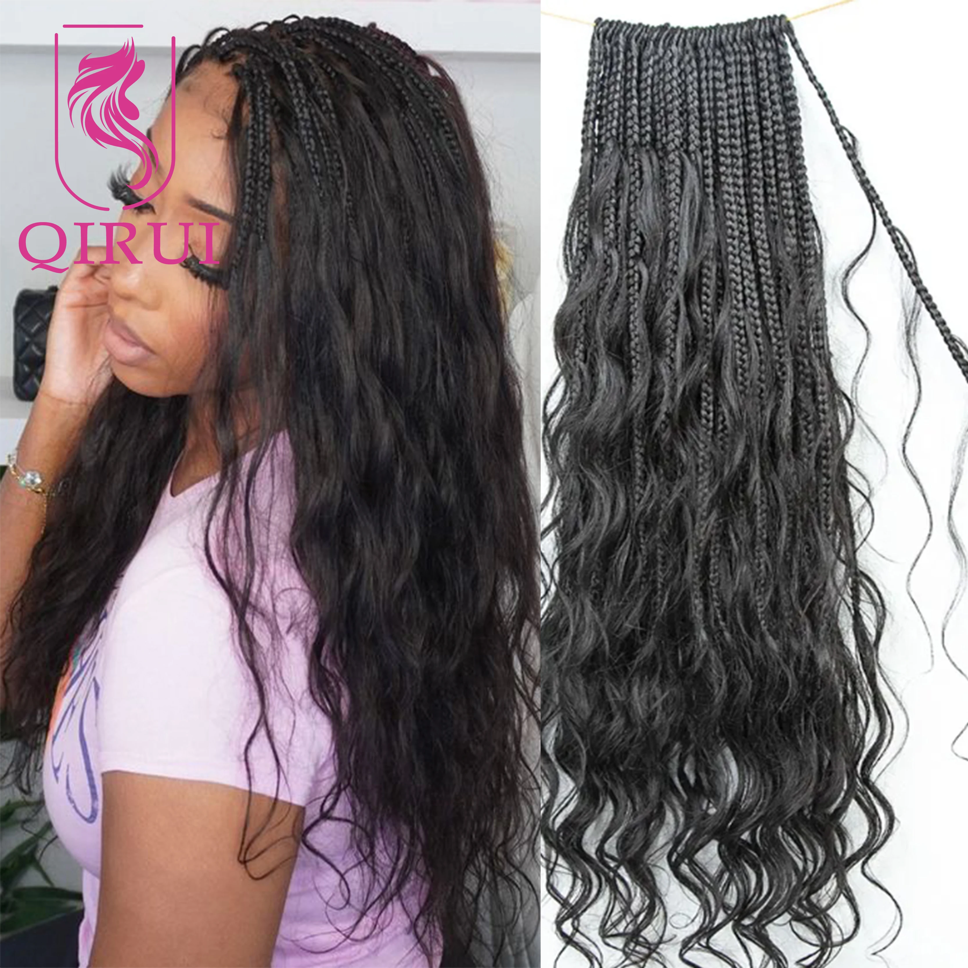 

24Inch Crochet Boho Box Braids With Human Hair Loose Wave Braiding Hair Pre-looped Box Braids with Wavy Ends For Women