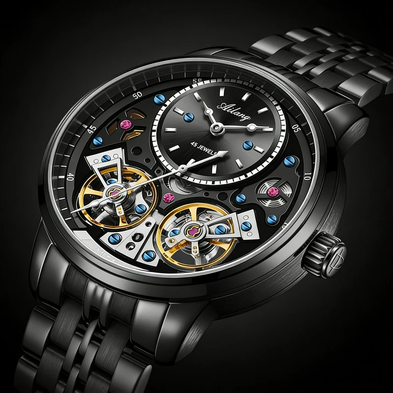 2026 Supercoole Schwarze Stahl-Doppel-Tourbillon Herrenuhren mit Unabhängiger Sekunde Automatische Mechanische Uhr Herren Mode Relogio