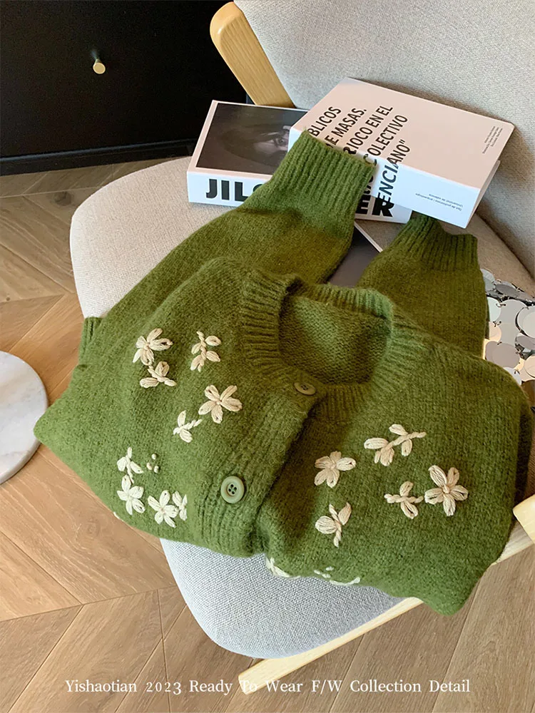 Cardigan Confortable Vintage Américain avec Broderie de Fleurs, Pull Bohème, Haut en Cachemire Vert, Esthétique des Années 2000, Automne et Hiver,