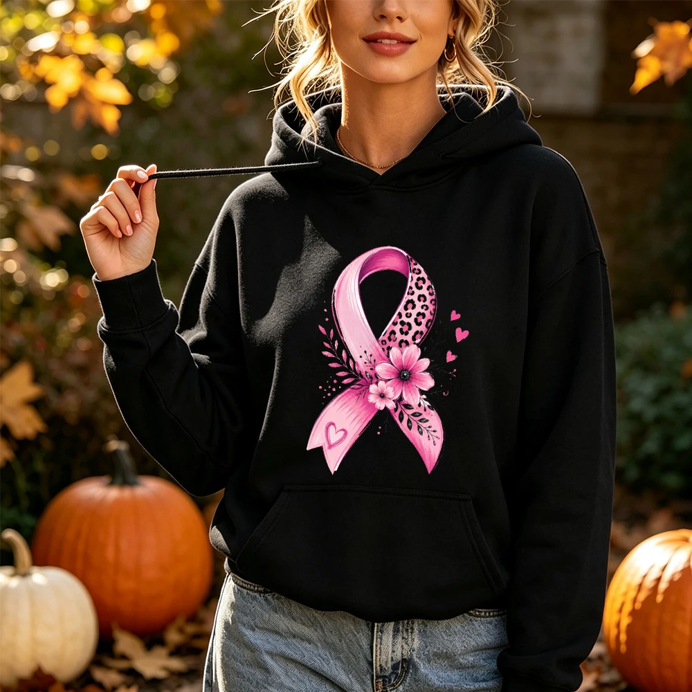 Pink Ribbon Hoodie Women's Warm Long Sleeve Leopard Floral Breast Cancer Awareness Support Cozy Autumn Sweatshirt