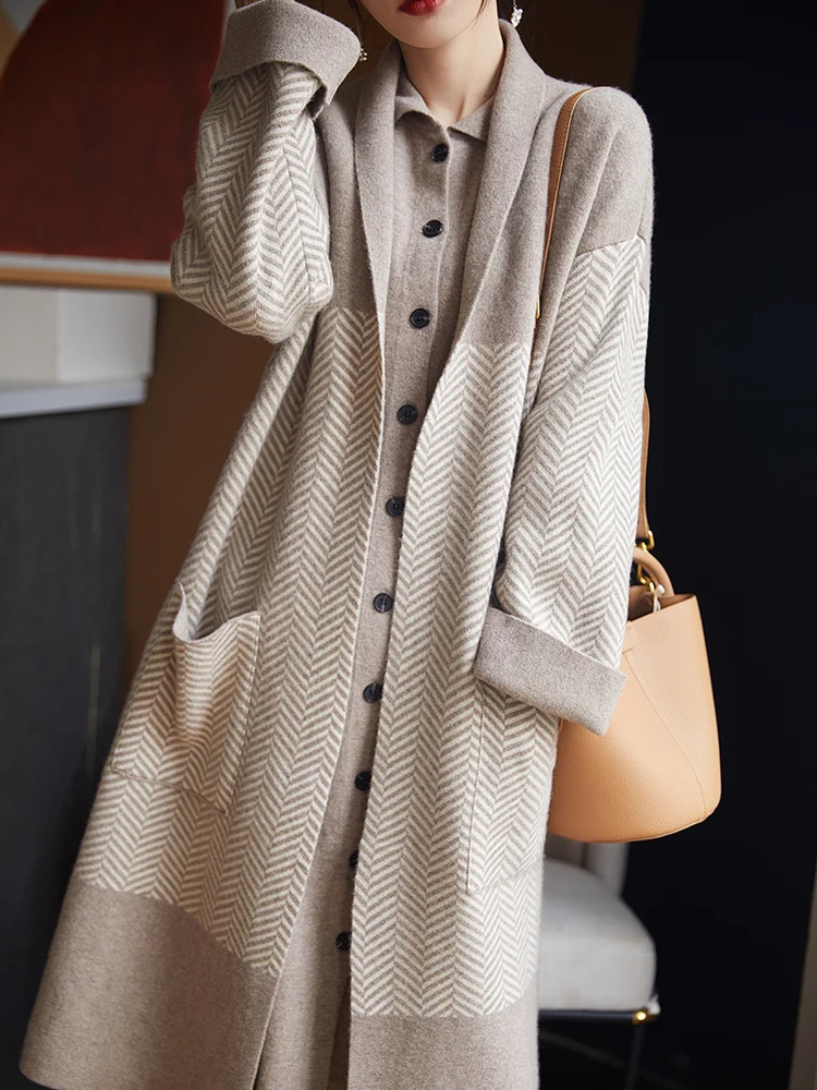 سترة نسائية من صوف ميرينو 100% معطف خريفي وشتوي ناعم ودافئ ومتطور كسول رقيق بطول الركبة ملابس متعددة الاستخدامات خالدة #3