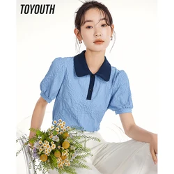 Toyouth Women Blouse 2023 Summer Puff Sleeves Polo Neck with Buttons  Shirts Contrast Color Textured Fabric Elegant Chic Tops