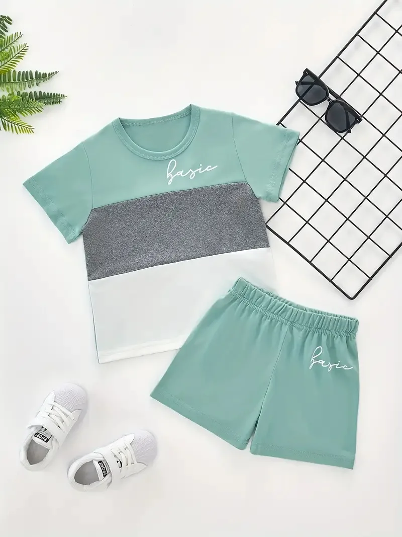 Summer children\'s boys clothes color matching T-shirts and shorts 2-piece set baby girls short-sleeved tops and bottoms