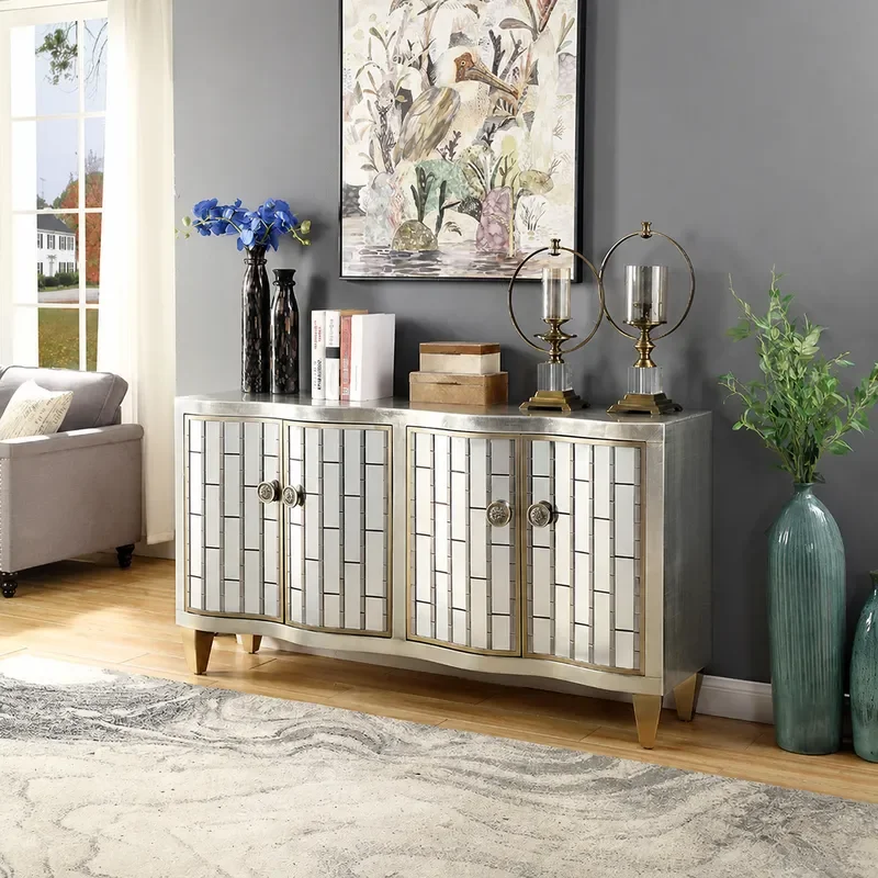 Silver Foil Entryway Cabinet Living Room Screen Partition Wine Storage Sideboard Dining Room Decorative Console Table