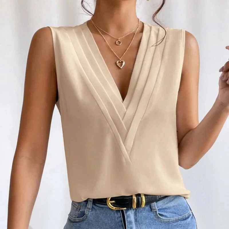 Summer Sexy Loose Tank White Shirts For Women Blouse Elegant Fashion Loose Casual Sleeveless Solid Deep V Neck Short Sleeve Tops