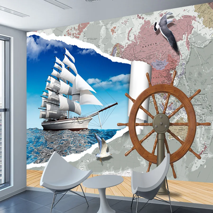 22+ Retro Cracked World Map Sailing Boat Walls Art Home Decor Mural, Self Adhesive Optional,Wallpaper for Living Room Renovation