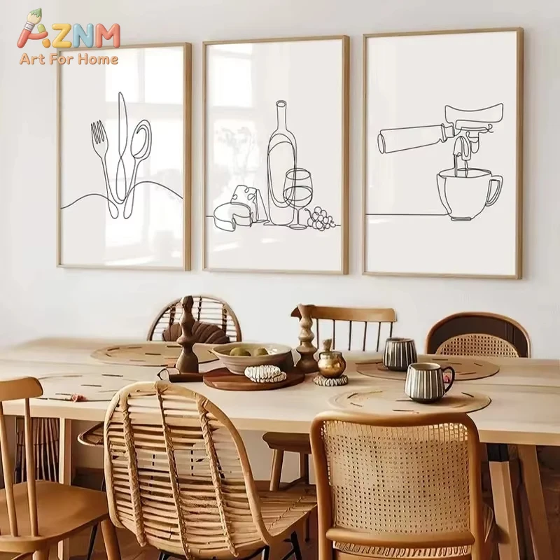 3pcs Minimalist Black and White Lines Kitchen Mural Wine and Cheese Coffee Tableware Poster Canvas Poster Restaurant Room Decor