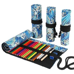 Roll Up Pencil Bag Blue 12/24/36/48/72 Holes Pen Curtain Case Canvas Makeup Wrap Storage Pouch Pen Bag School Supplies