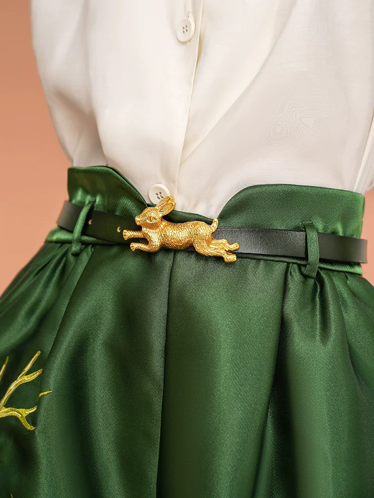 Spring Summer Original Design Women All-match Delicate Vintage Style Embroidered Rabbit Running Bunny Green Shorts