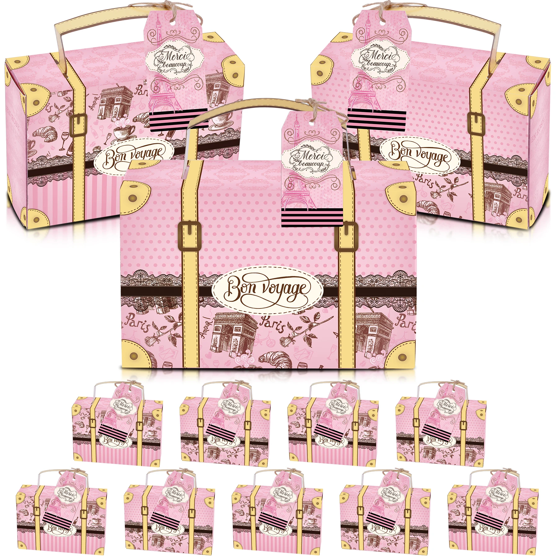 12PCS Pink Mini Bon Voyage Paris Luggage Suitcase Party Favor Goodie Boxes with Retro Gift Tag Cards for Birthday Wedding