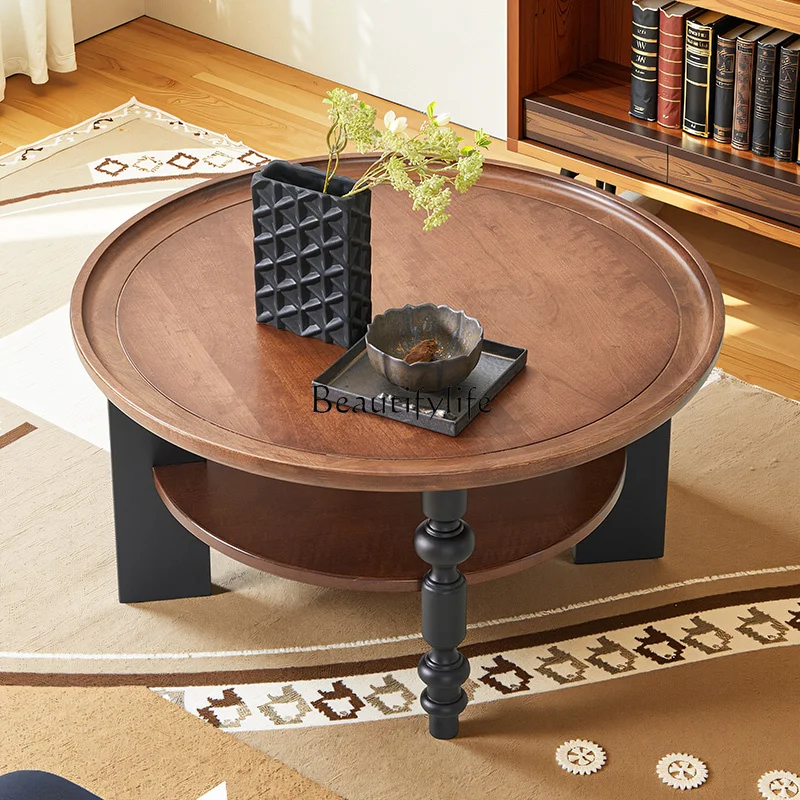 

*Medieval style round solid wood coffee table French retro high-end furniture