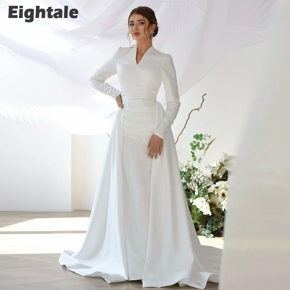 Eightale Muslim Wedding Dress V-Neck Satin Customized Arabic Bridal Gown Long Sleeves with Detachable Skirt Vestido De Noiva