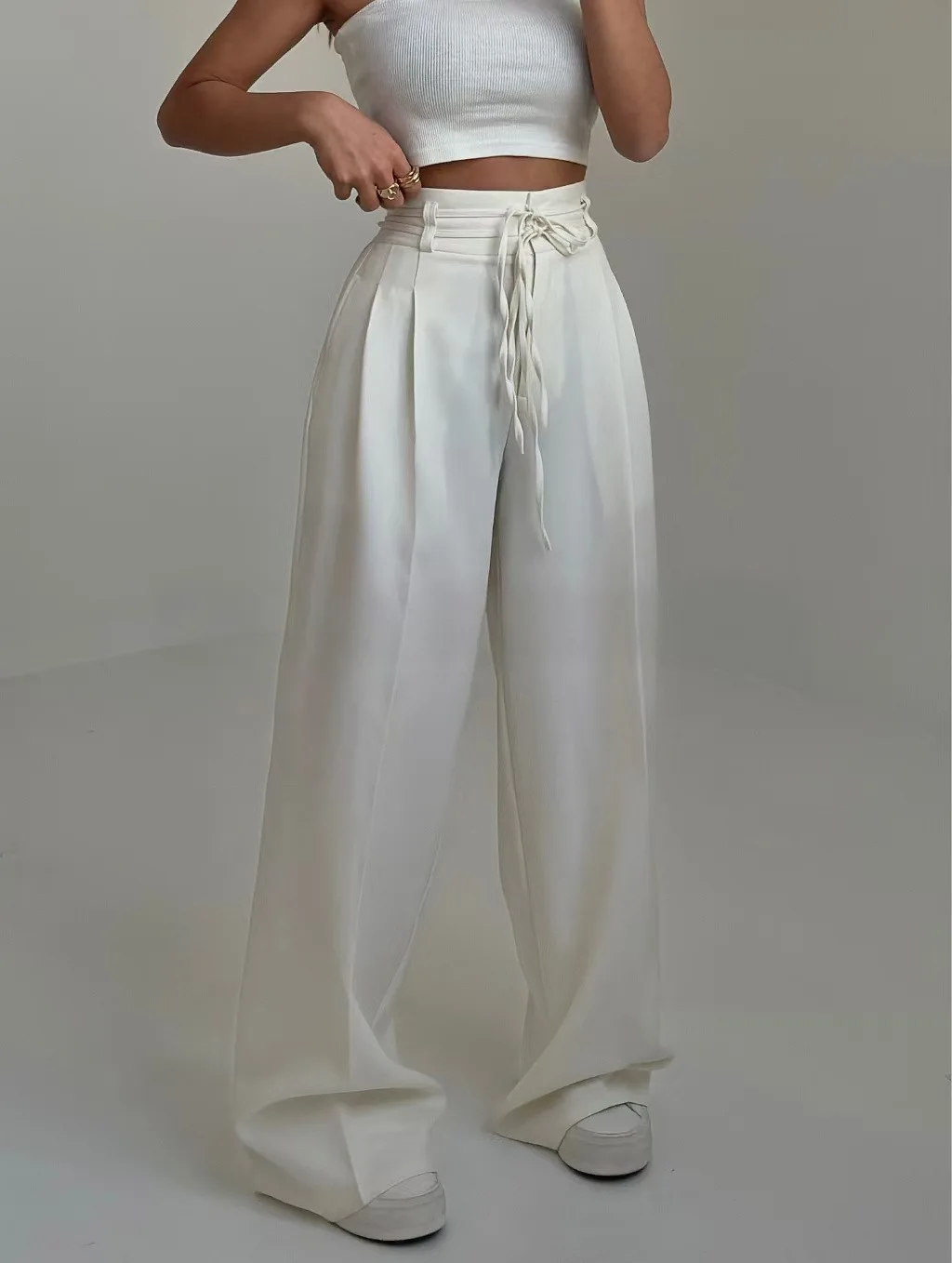 European American Women Unique Design High Waist Tie Slim Straight Long Pants, Ladies Casual Straight Leg Trousers