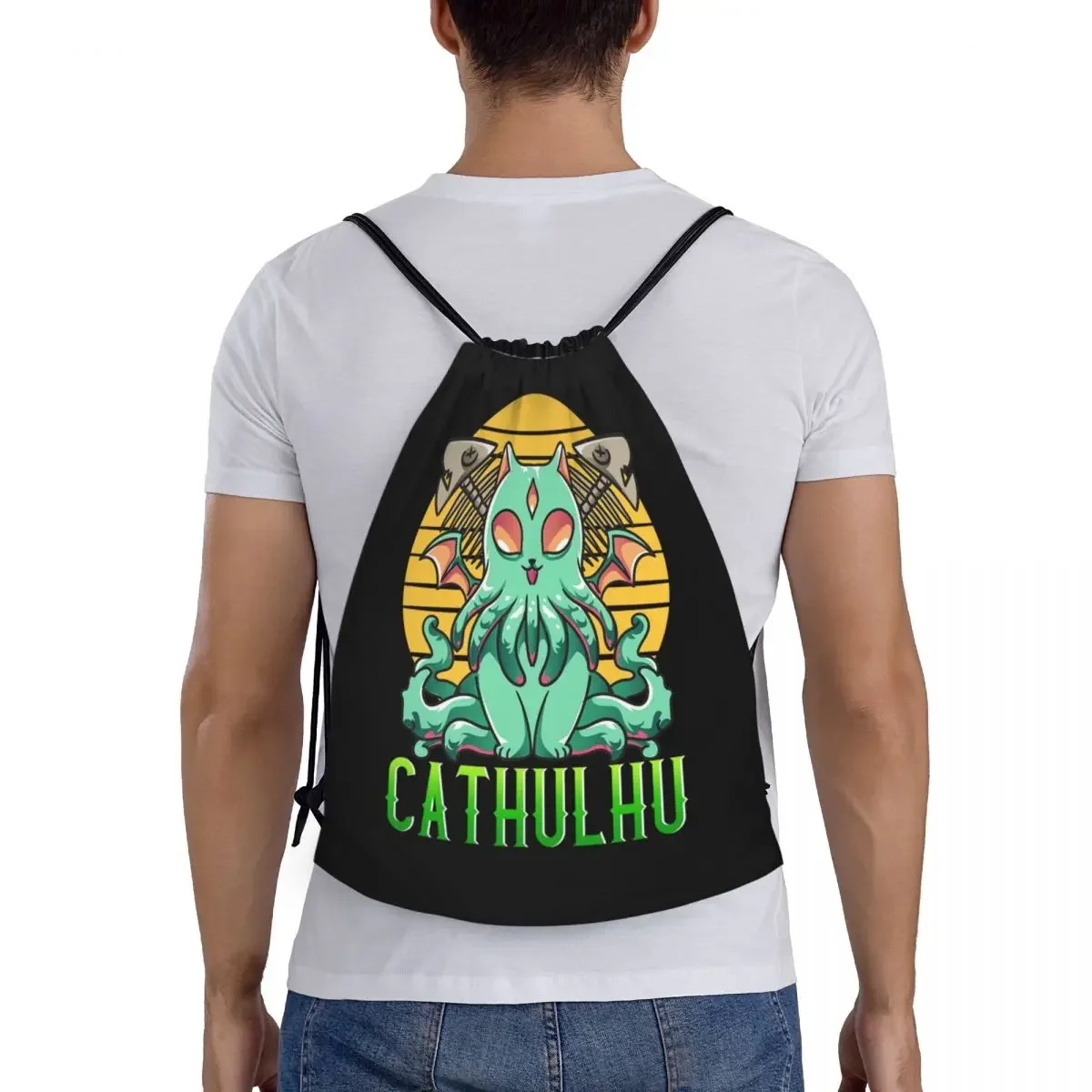 Leve Drawstring Bag para homens e mulheres, Kawaii Drawstring Backpack, Storage Backpack, Sports, Gym, Custom, Cathulhu, Cat Cthulhu