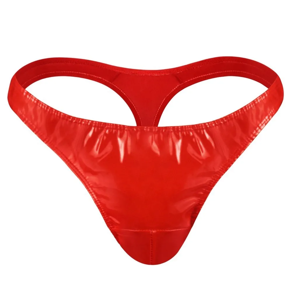 Low Waist Mens Faux Leather Thong Underwear Hollow Cutout Back Design Elastic Soft Waistband Shiny T Back Briefs For Club