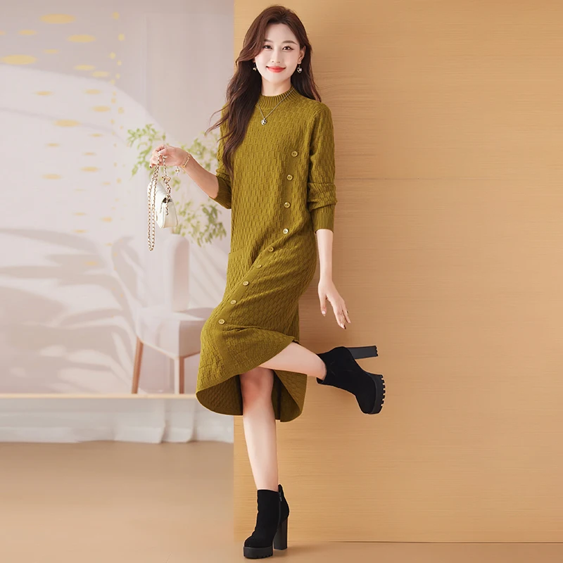 

Autumn Winter Korean Bodycon Chic Pullovers 2025 Solid Knitted Thick Warm Sweaters Women's Elegant Luxury Sweater Dresses