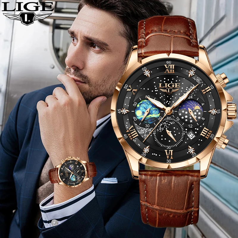 

LIGE Ретро модные кварцевые мужские часы Роскошные звездное небо водонепроницаемые светящиеся часы с кожаным ремешком для мужчин хронограф мужские часы
