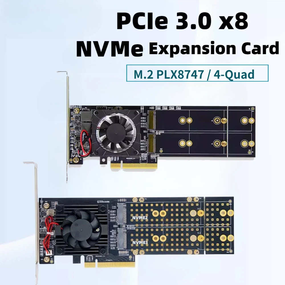 PCIe 3.0 X8 Expansion Card Split-Free For Feiniu 4x NVME Interface Four-Bay 4-Quad 4-Ports M.2 PLX8747 Quiet Full-Height Bracket