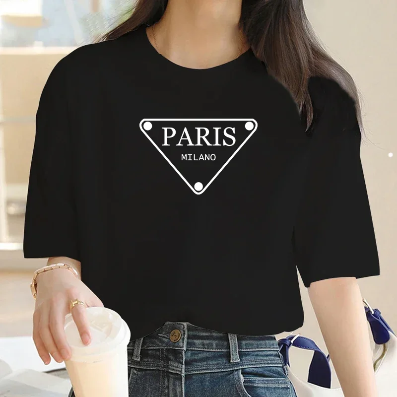 

Luxury Brand Fashion Triangular Parisian alphabet Printed Crew Neck Clothing Short Sleeve T-Shirt Trend Women's Summer Y2K Top