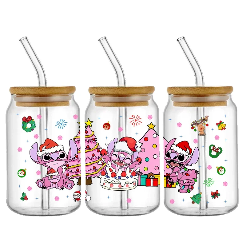 Pink Stitch Christmas Transfer Stickers Waterproof UV DTF Cup Mug Wraps Sticker DIY 3D Wrap Decal For 16oz Libbey Glass