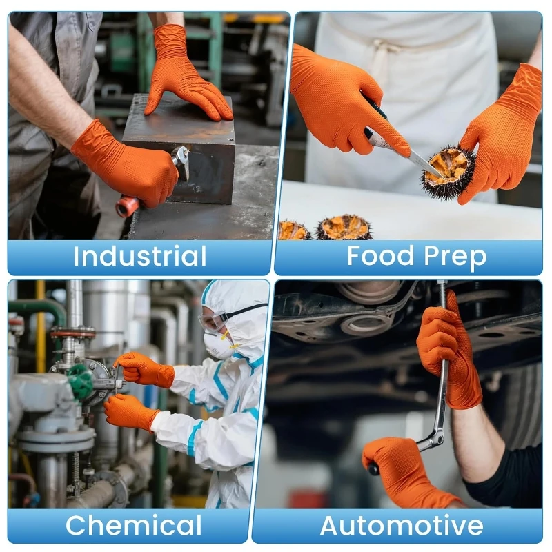 50 Stück robuste 8Mil orangefarbene Nitril-Handschuhe, Einweg-Handschuhe mit erhöhter Diamantstruktur für den Bau, Industrie, Mechaniker, Auto – Detail 10
