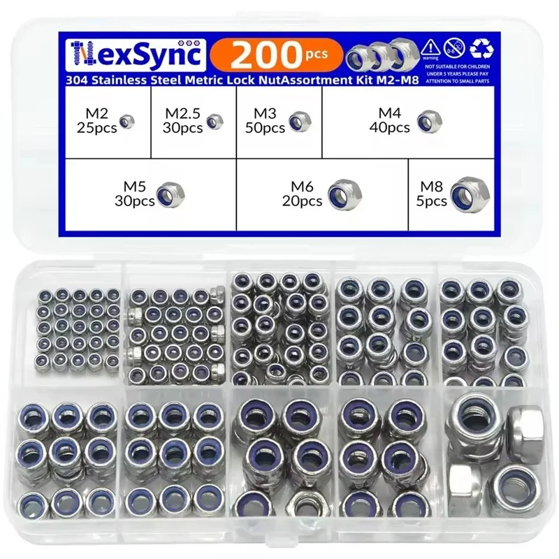200PCS DIN985 hexagonal nylon self-locking nuts stainless steel M2 M2.5 M3 M4 M5 M6 M8