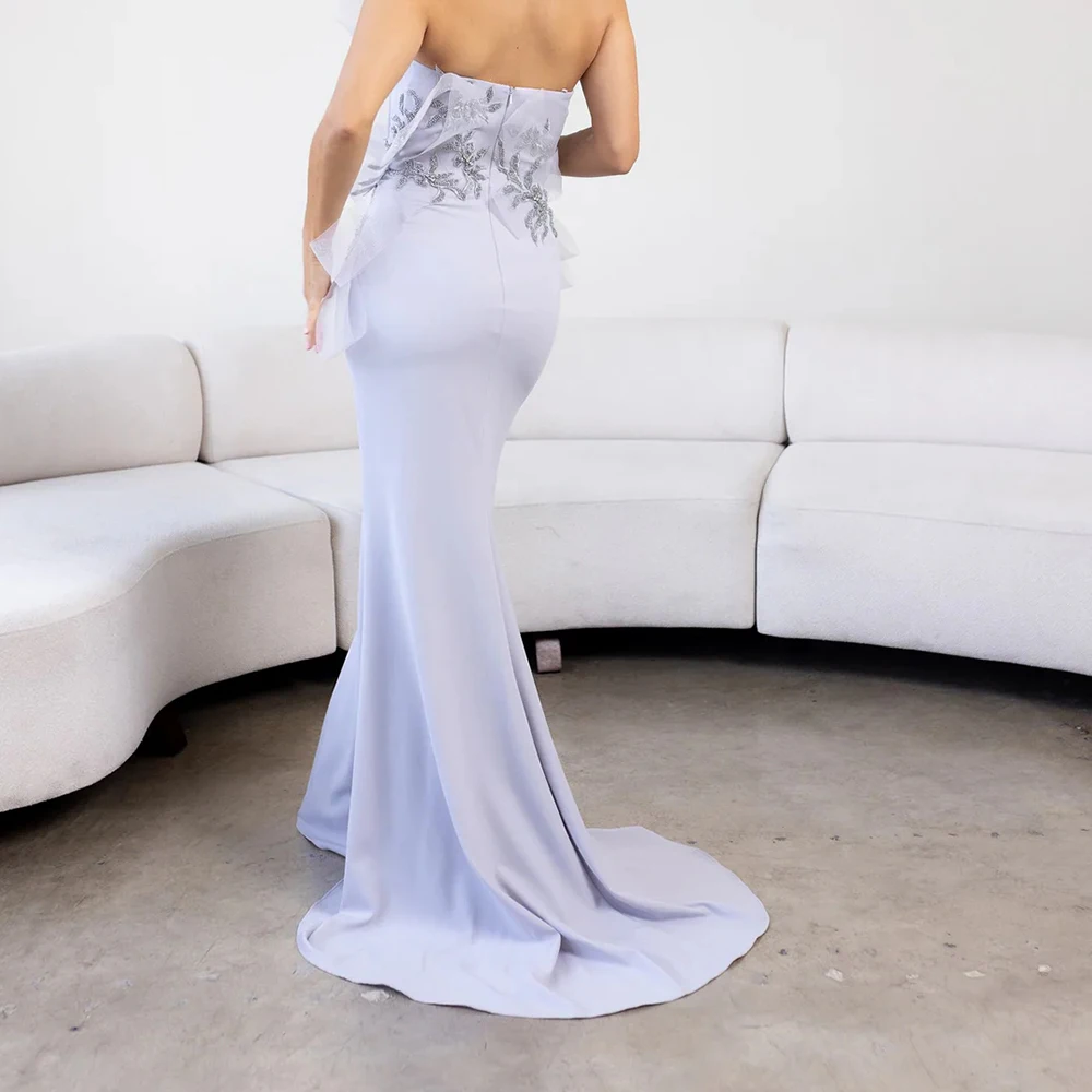 Vestidos de Noche de sirena para mujer, vestido de fiesta sin tirantes hasta el suelo, sin mangas, vestidos personalizados fruncidos con flores y lentejuelas a la moda