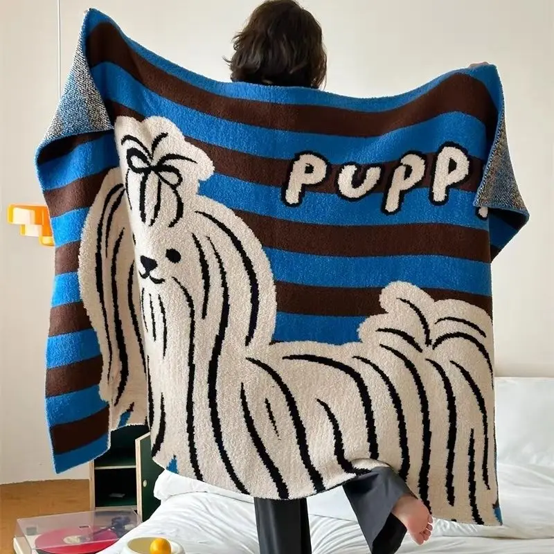 Blue Brown Striped Small Dog Half-Flannel Sofa Cover Blanket Office Nap Air Conditioning Blanket