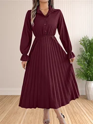 Women Casual Solid Color Turn-Down Collar Long Dresses Button Flare Sleeves Hundred Pleats Dress