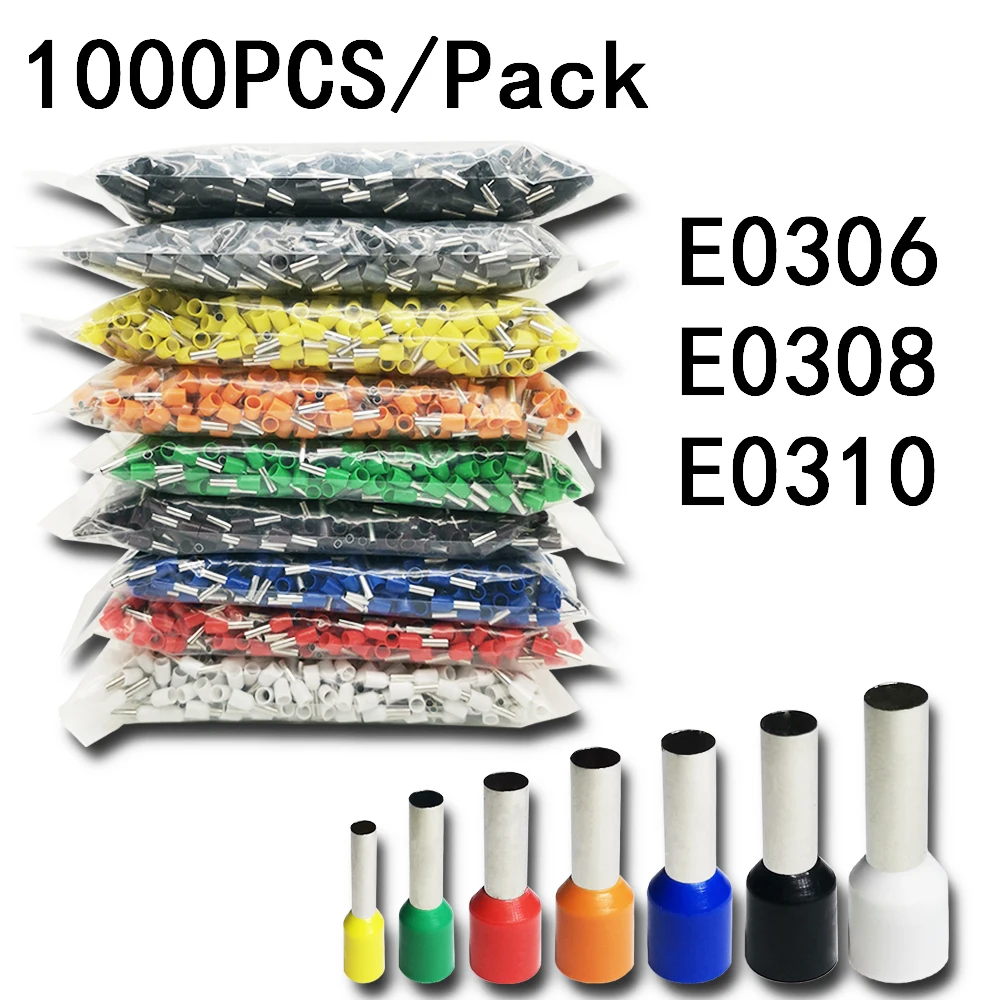 1000pcs/Pack E0306 E0308 E0310 Insulated Ferrules Terminal Block Cord End Wire Connector Electrical Crimp Terminator