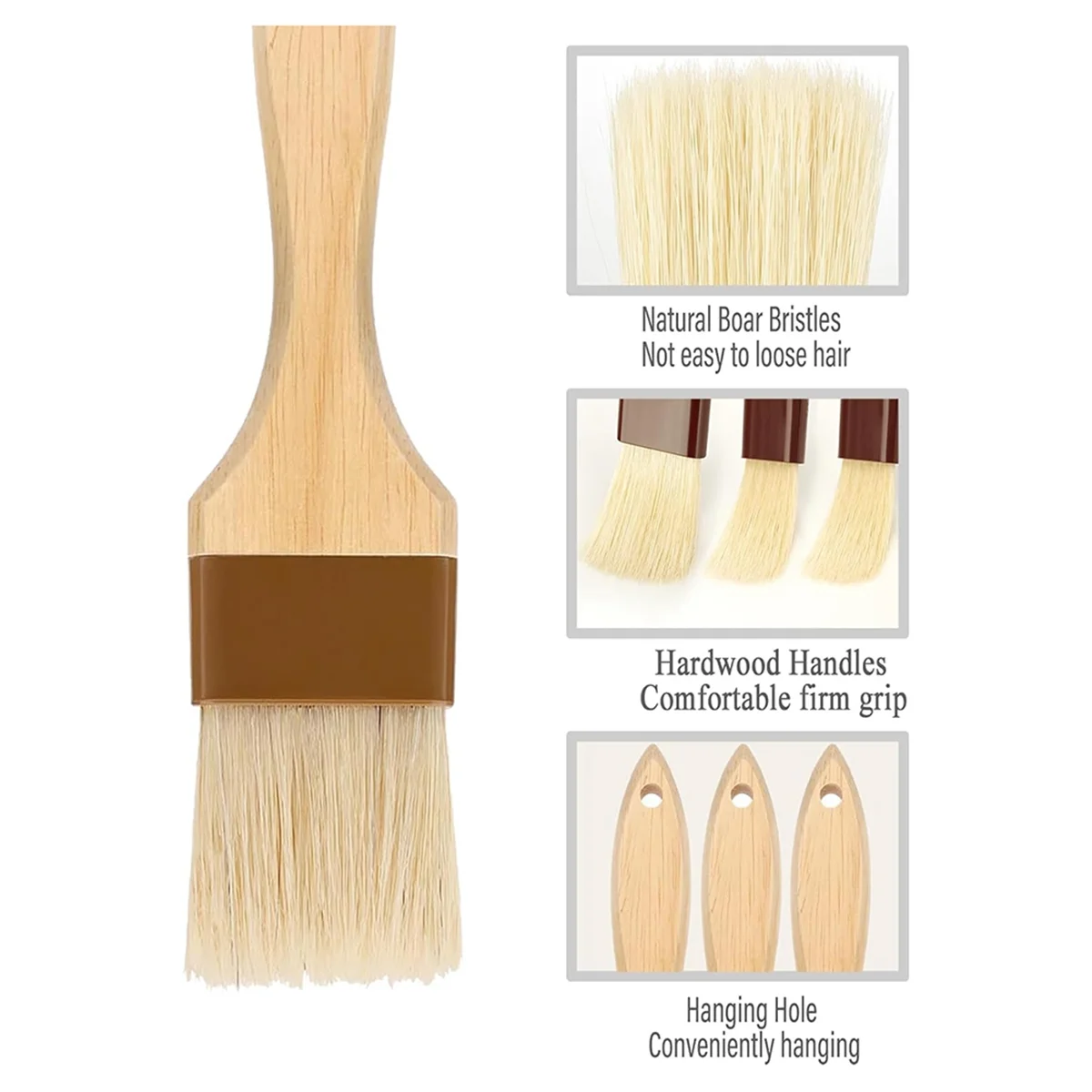 Pastry Brush,Basting Brush for Cooking,Natural Bristle BBQ Brush for Oil & Sauce,Wooden Handle Food Brush 3 Pack