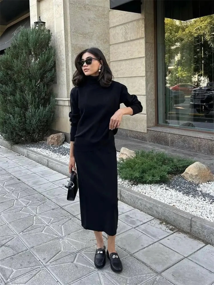 Tossy Knitted  2 Piece Outfit Set Casual Long Sleeve Sweater Top And Pencil Long Skirts Elegant Autumn Two Piece Sweater Sets