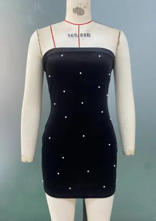 Fashionable Women's Dress, Summer French Classic Style, Nail Bead Velvet Texture, High-End Strapless Dress Suitable for Banquets