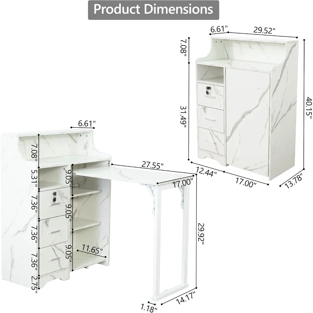 Fold Out Desk with Storage, Lockable Drawers, Shelves and Power Outlet, White