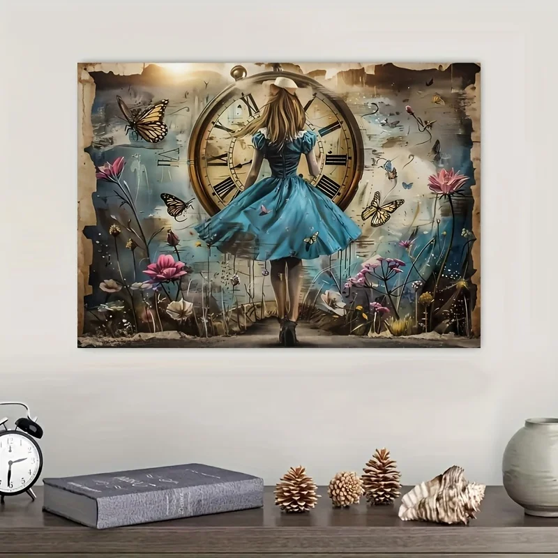 1000pcs Jigsaw Puzzle - Enchanting Clock Girl Scene with Retro Blue Dress, Floral Butterflies & Vintage Clock Art, Bright Colo