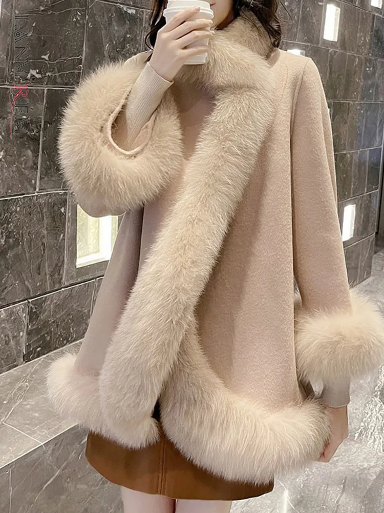 

LANMREM Fashion Patchwork Fur Coat Women's Stand Collar Covered Button Elegant Irregular Cape Shawl 2024 Winter New 2Z2892