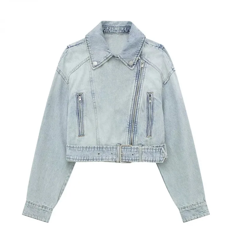 

2025 Autumn Winter Denim Coat Women Casual Lapel Long Sleeve Motorcycle Zipper Short Jeans Jacket Female Loose Streetwear T907
